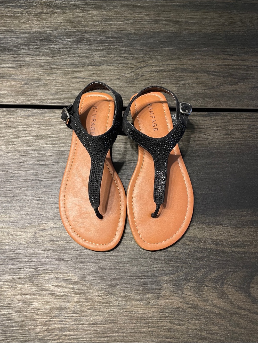 Rampage Black Jeweled T-Strap Sandals with Tan Footbed